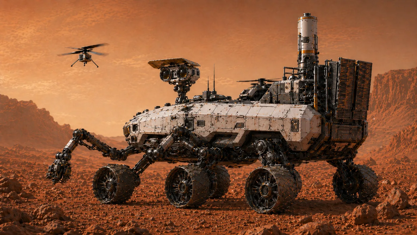 Thirteen parked on Mars with dual front arms near sample tools and two compact Kestrel scout helicopters docked on the top deck.