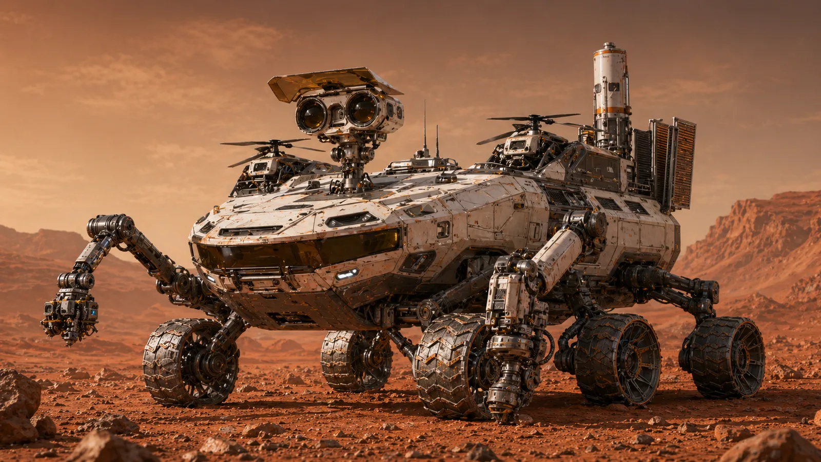 AASP-13 Thirteen, a large six-wheeled Mars rover with a binocular mast, dual arms, two scout helicopter bays, radiators, and an aft sample-return launch tube.