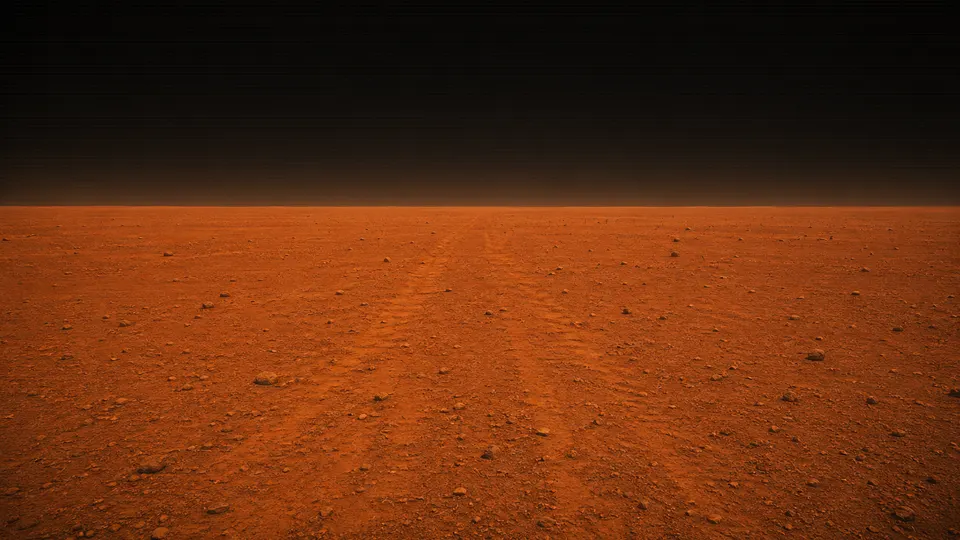 Aft hazard-camera view of a broad orange Martian plain under a black daytime sky.