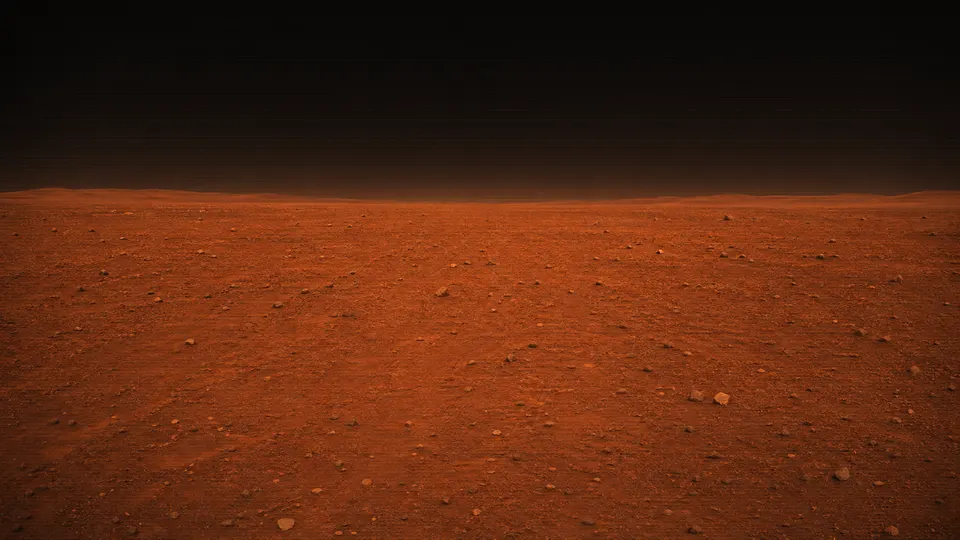 Forward hazard-camera view of orange Martian terrain under a black daytime sky.