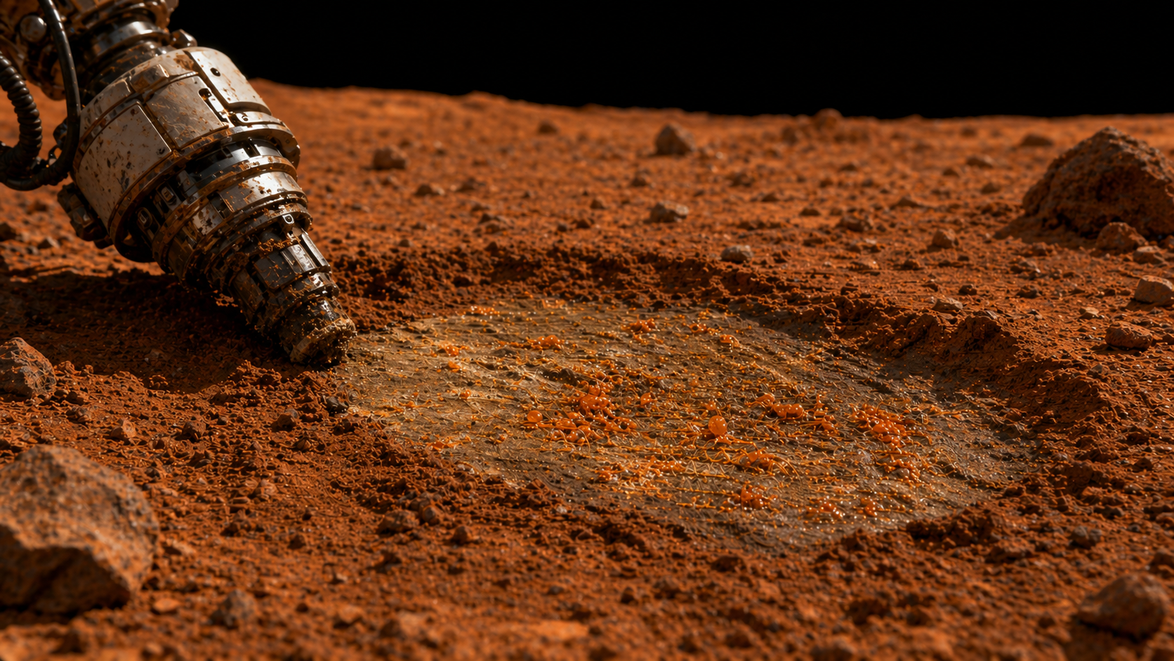 The drill exposes a tiny orange difference in a surface that was already orange.