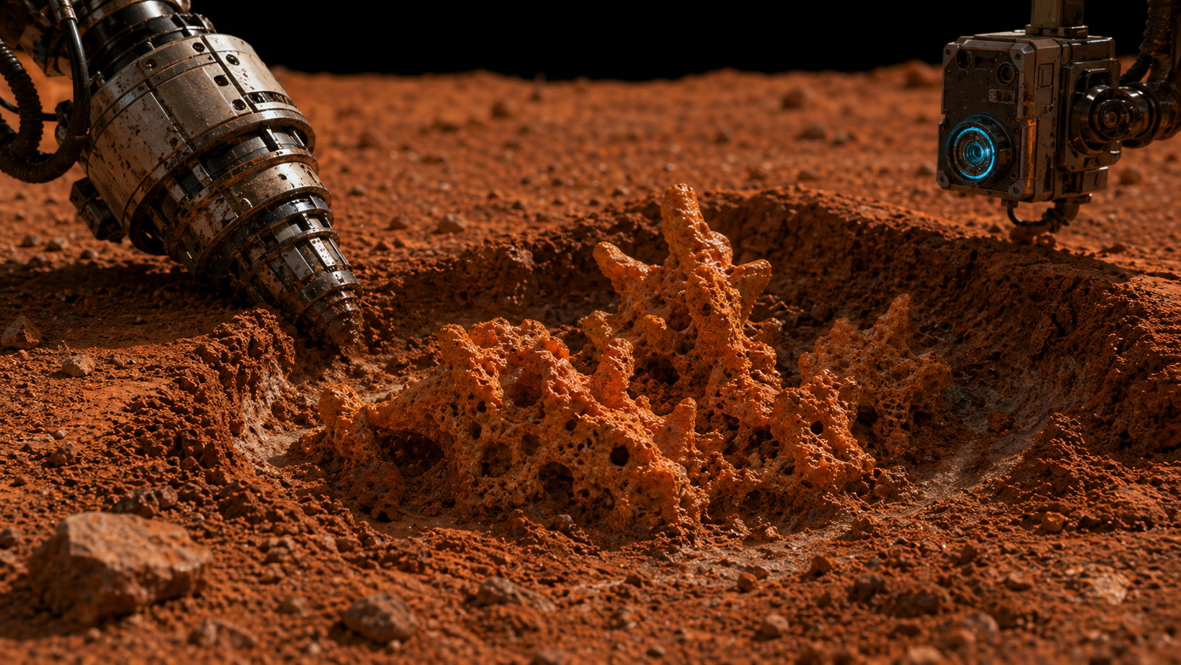 A forbidden cheeto reef appears beneath the drill cut, bright and wrong.