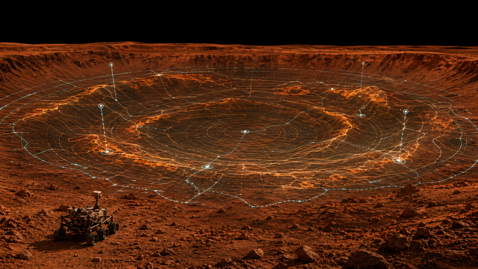 The reef resolves into a dish-shaped map under the old impact scar.